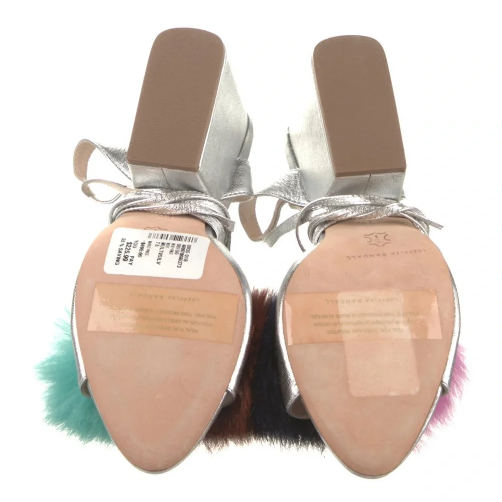 $495 NEW Loeffler Randall Nicky fur pom pom fur silver leather chunky heel 7 7.5 - Picture 8 of 10
